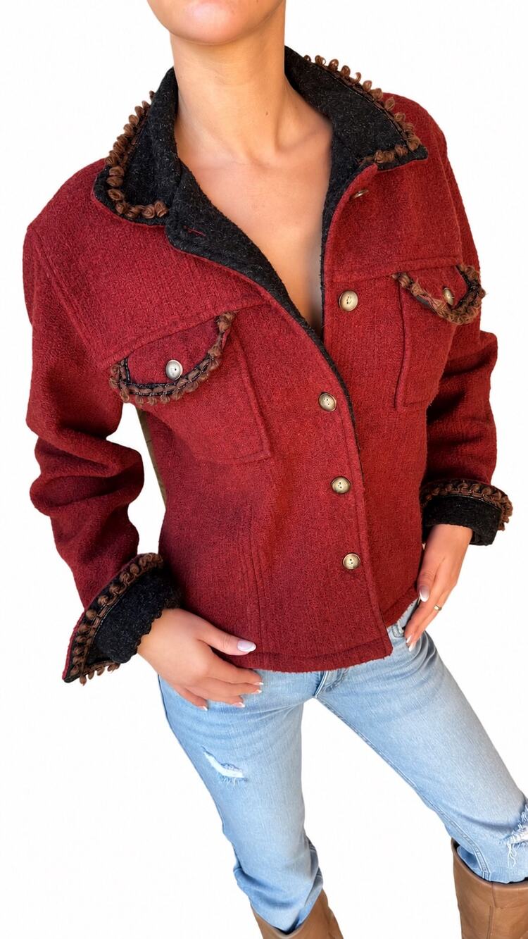Tasha Polizzi Burgundy Wool Blend Western Jacket with Contrast Trim